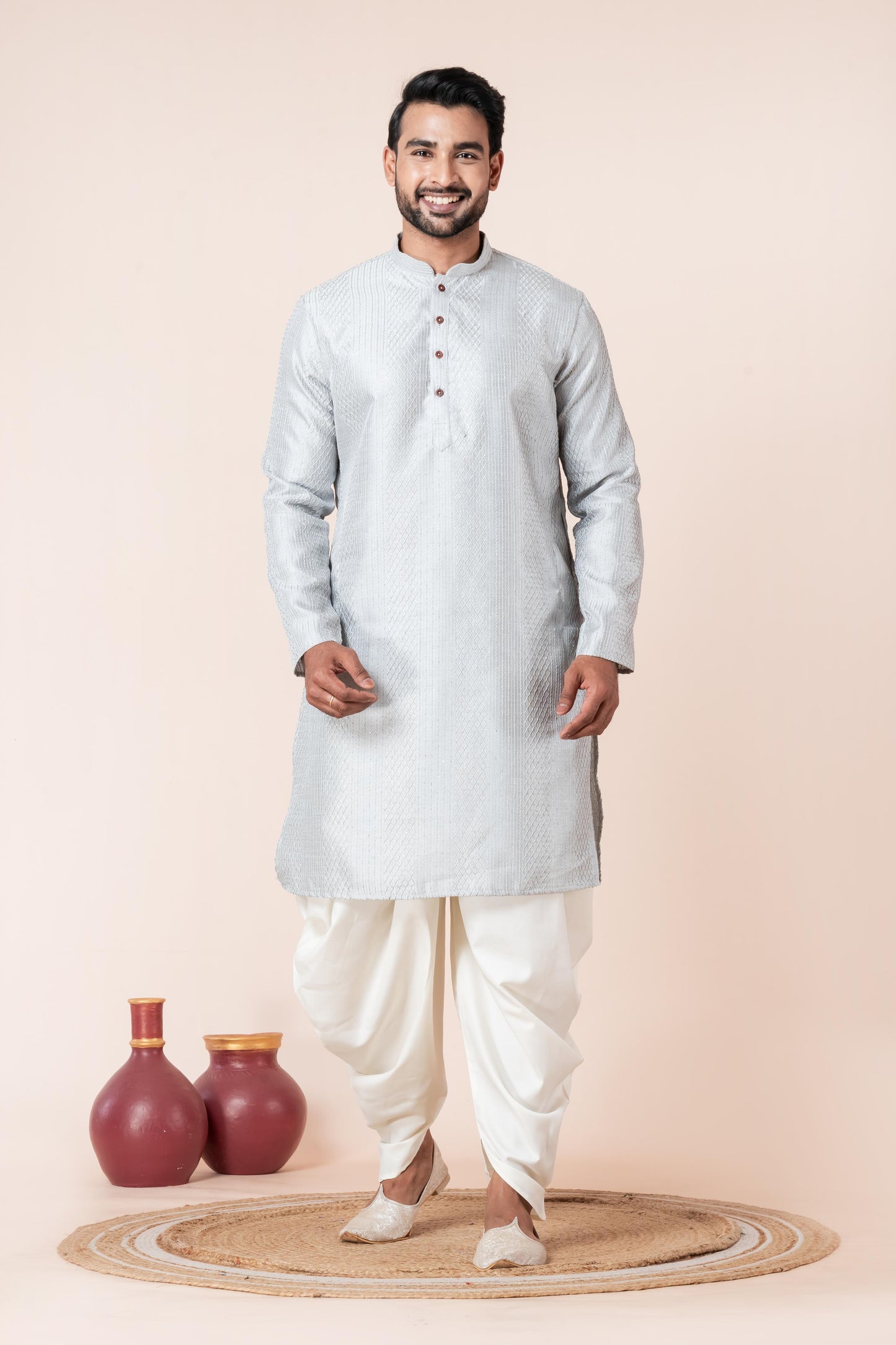 Grey Silk Jacquard Dhoti Kurta Set