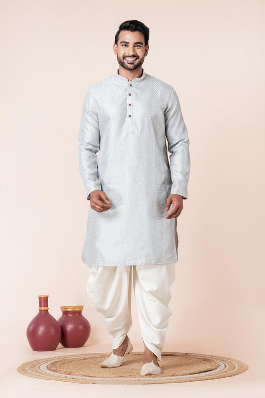 Grey Silk Jacquard Dhoti Kurta Set