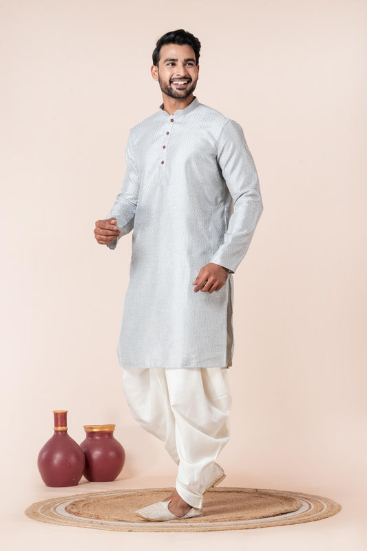 Grey Silk Jacquard Dhoti Kurta Set