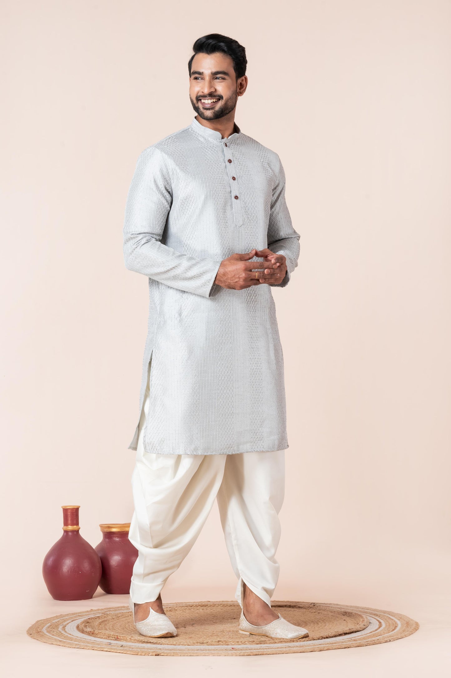 Grey Silk Jacquard Dhoti Kurta Set