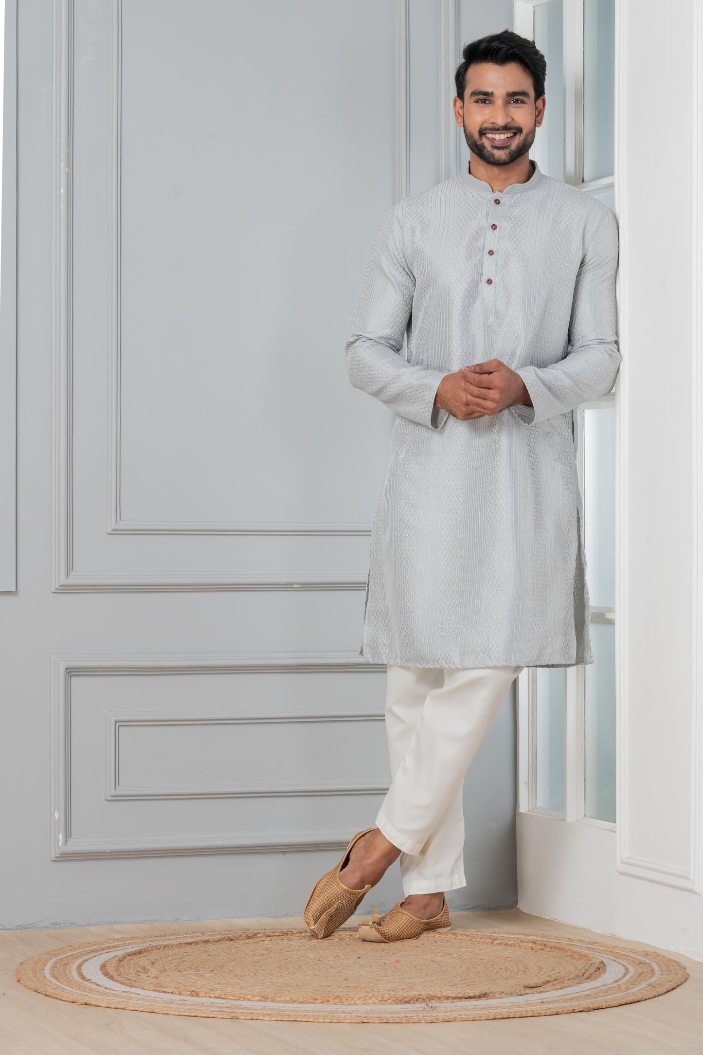 Grey Art Silk Embroidered Kurta Pajama Set