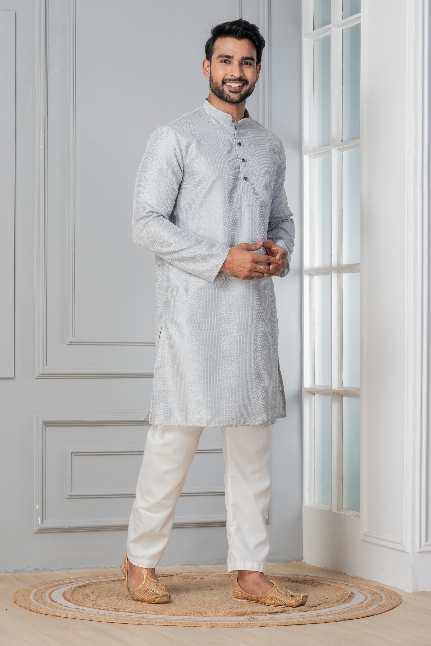 Grey Art Silk Embroidered Kurta Pajama Set