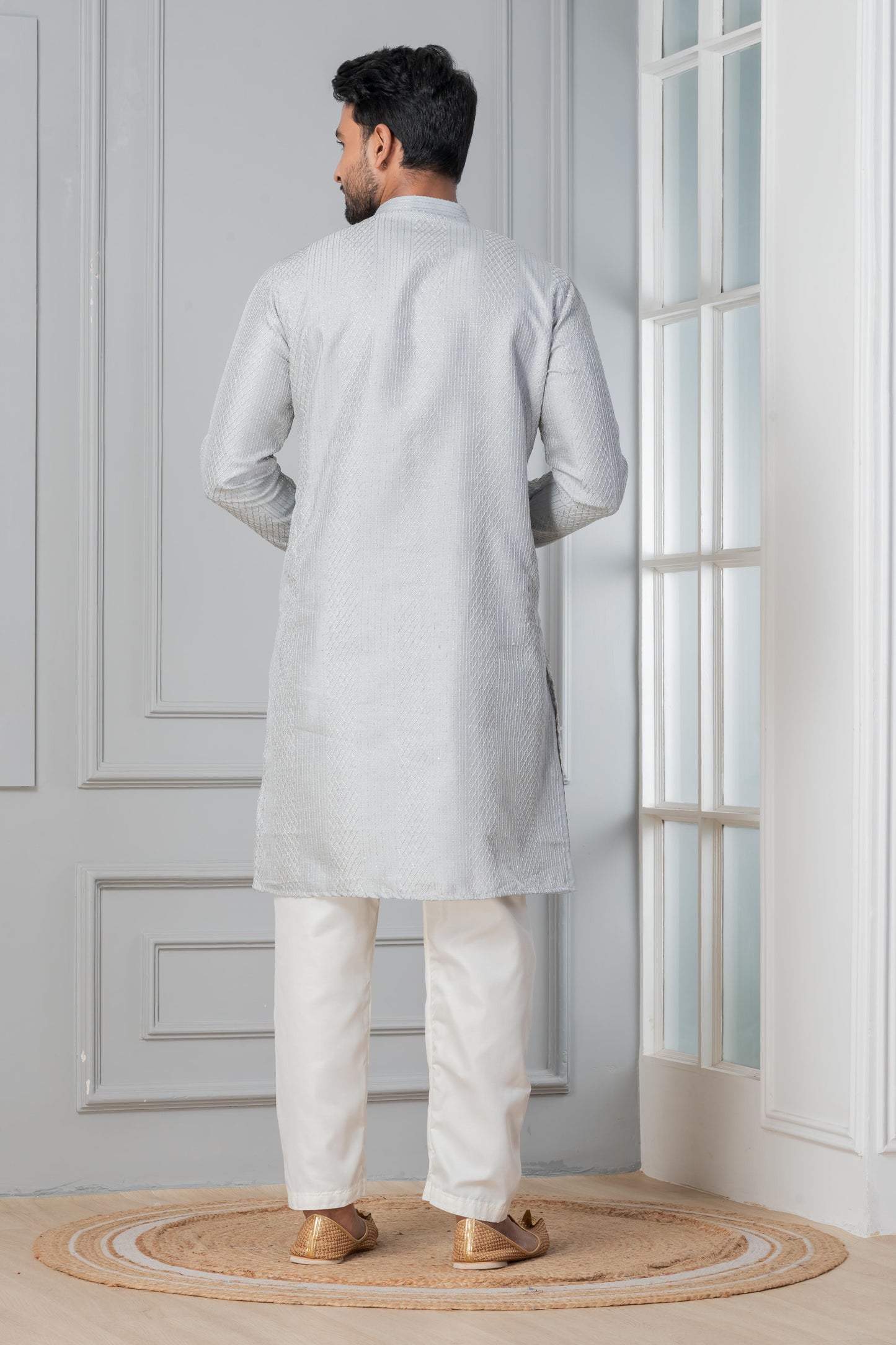 Grey Art Silk Embroidered Kurta Pajama Set