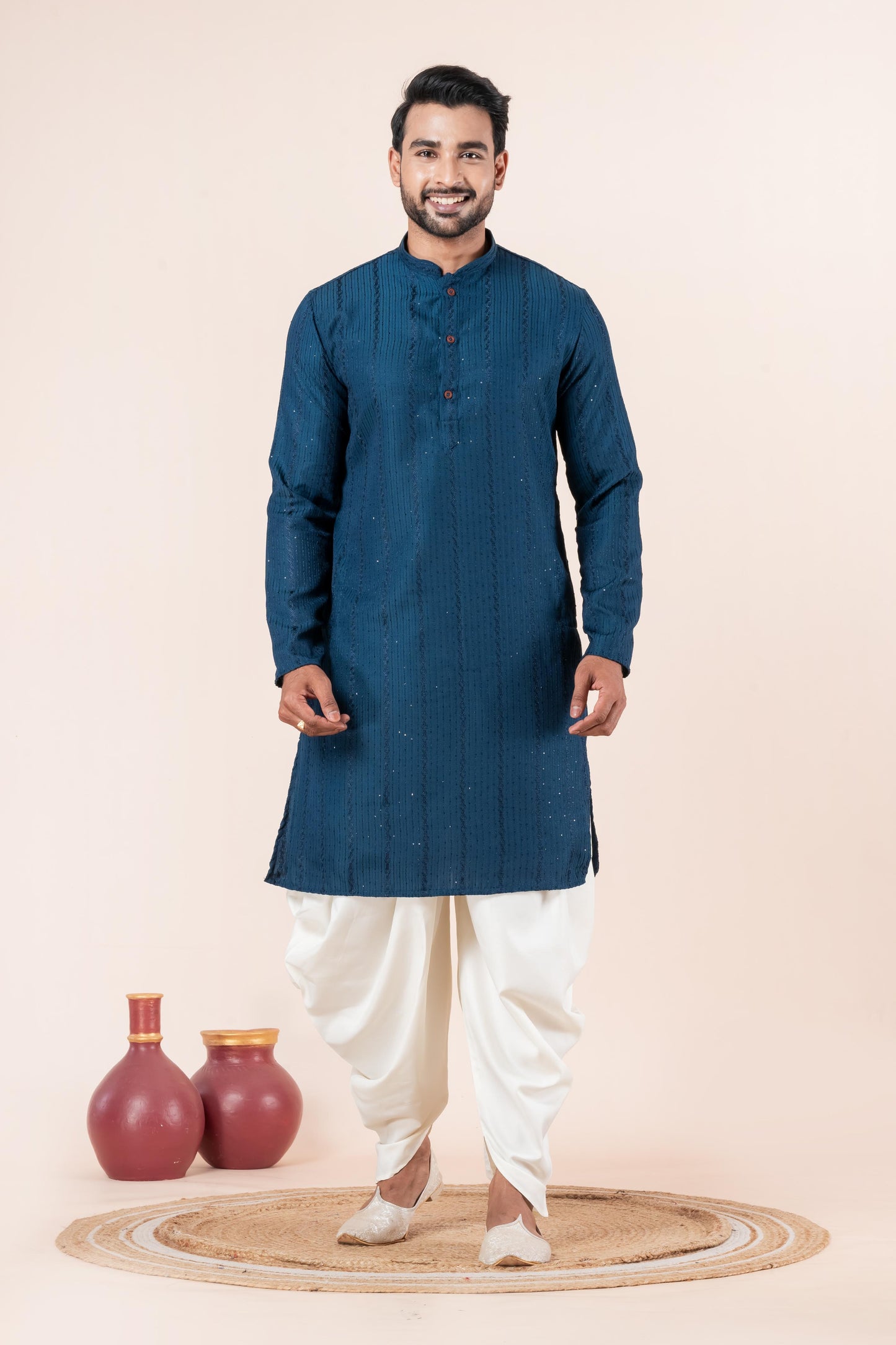 Teal Blue Chikankari Kurta with White Dhoti