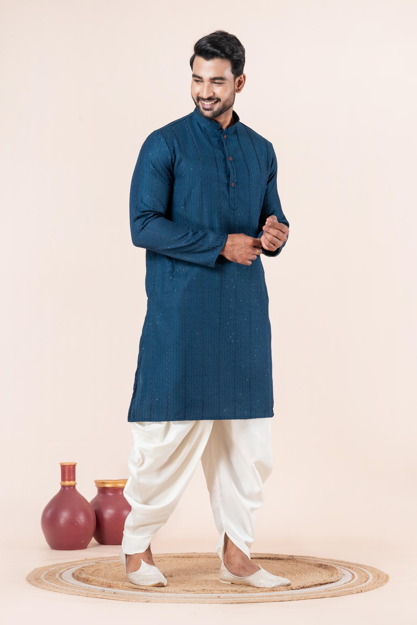 Teal Blue Chikankari Kurta with White Dhoti