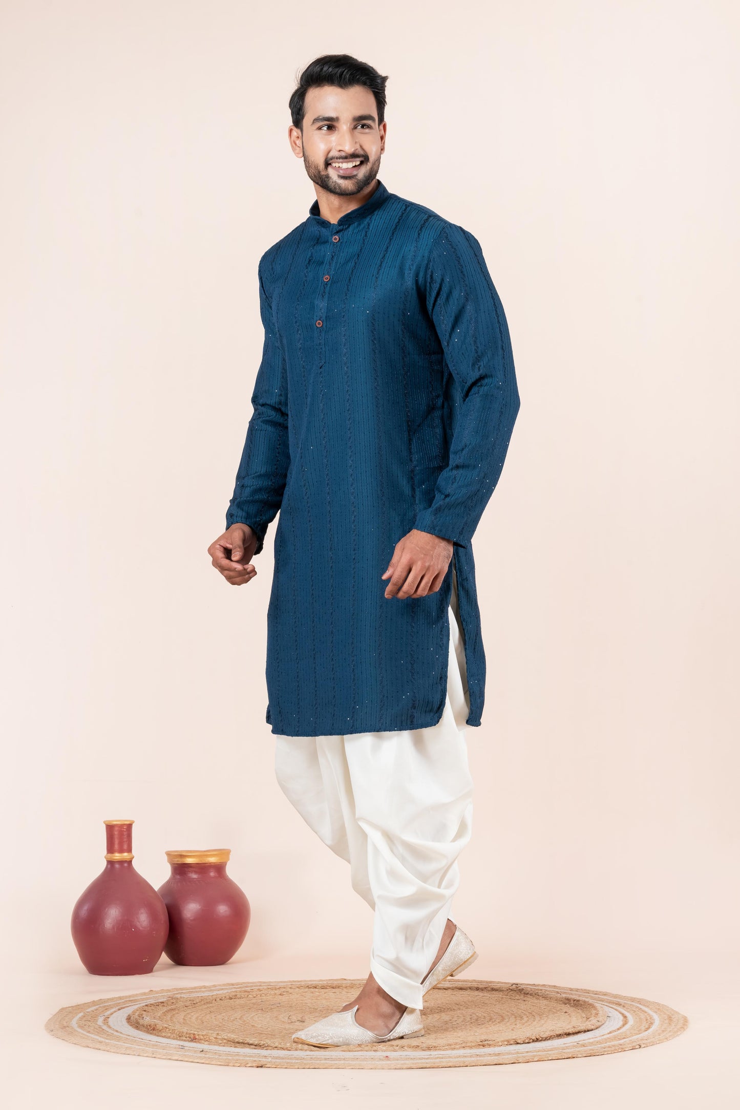 Teal Blue Chikankari Kurta with White Dhoti