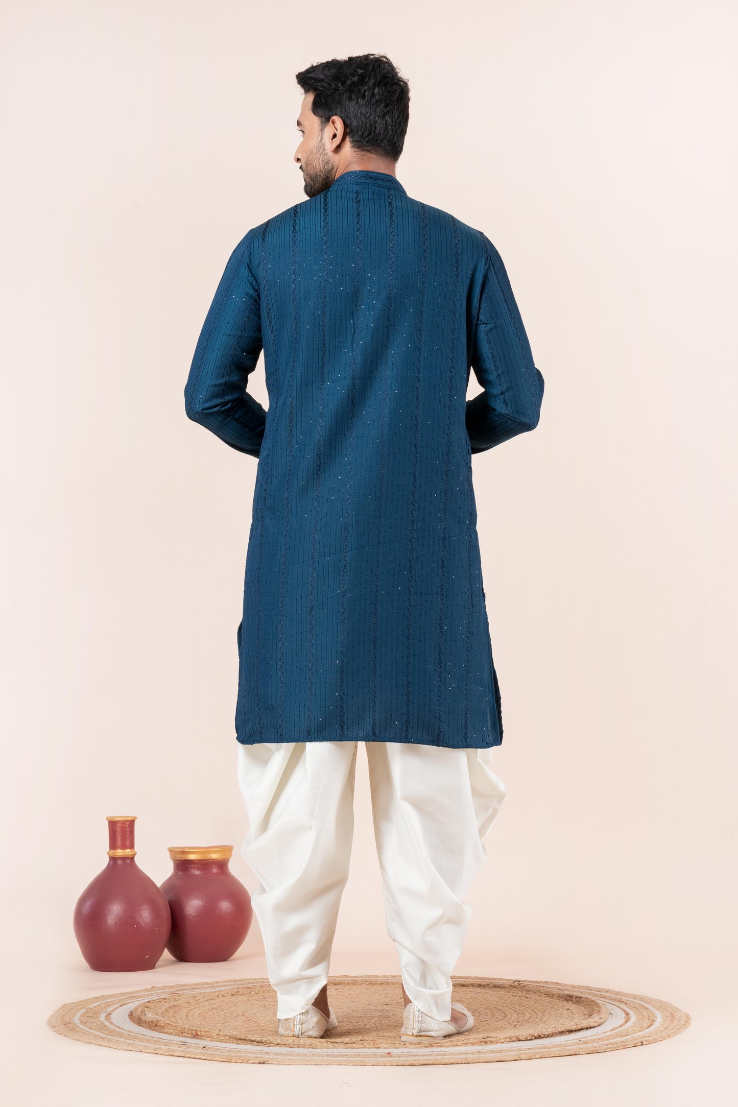 Teal Blue Chikankari Kurta with White Dhoti