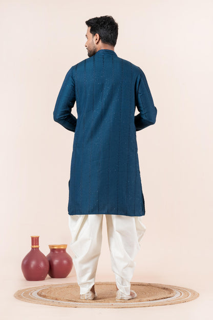 Teal Blue Chikankari Kurta with White Dhoti