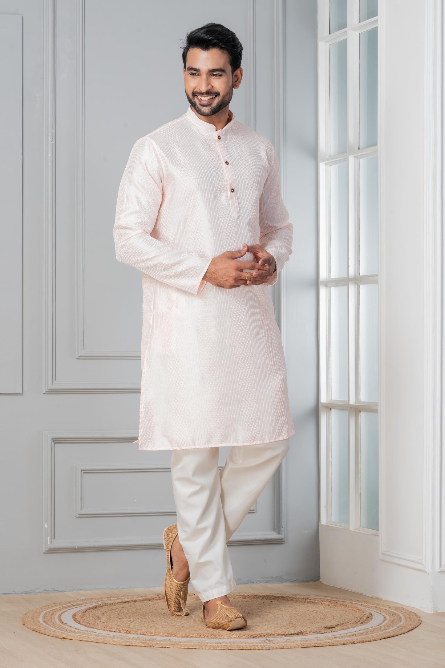 Peach Silk Embroidered Kurta Set