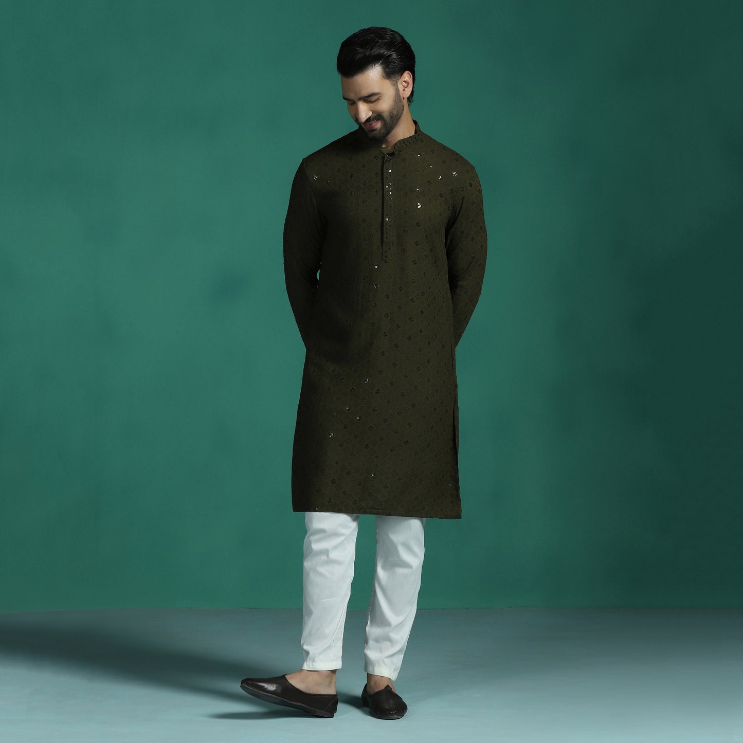 Men Olive Sequins Kurta