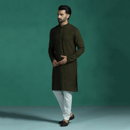 Men Olive Sequins Kurta
