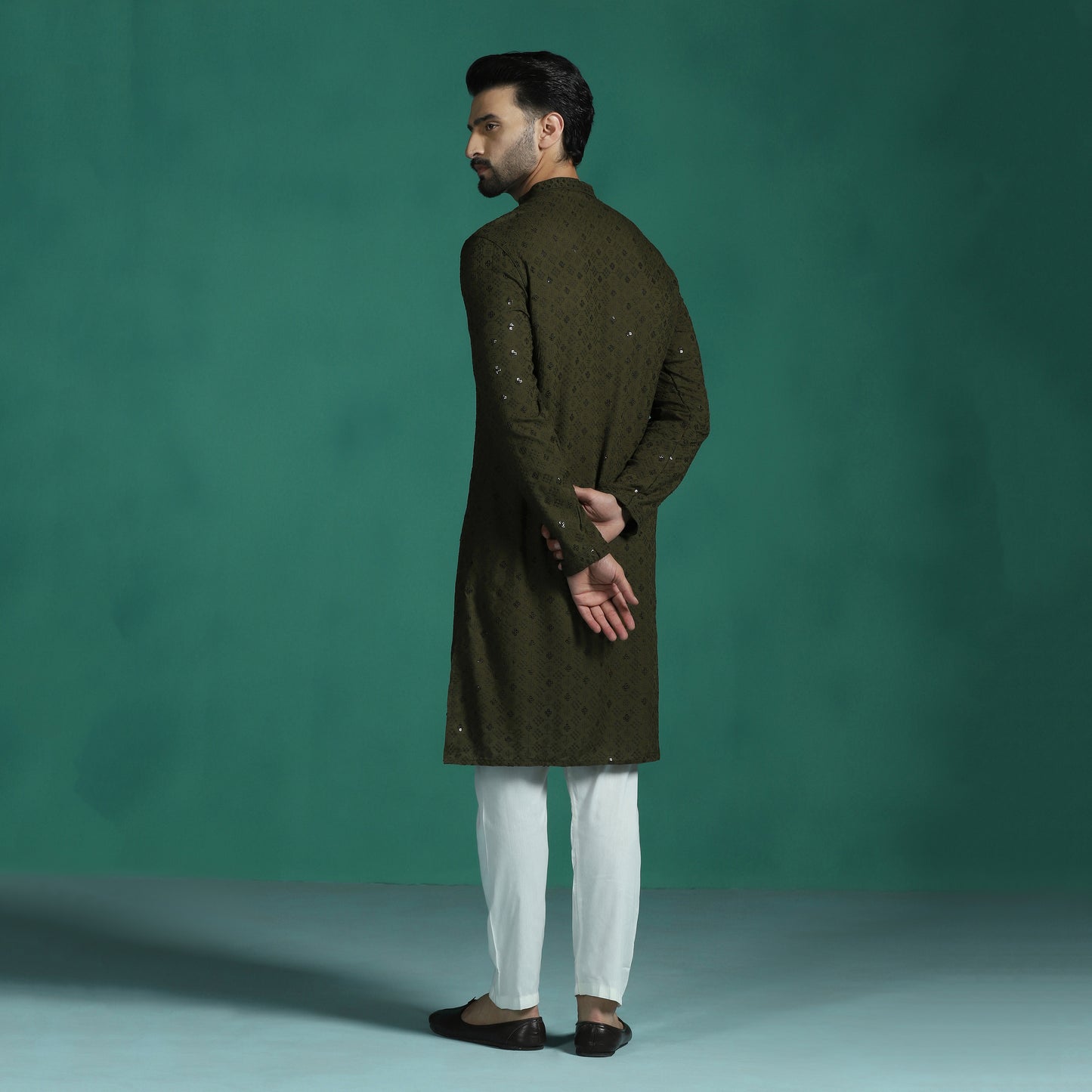 Men Olive Sequins Kurta