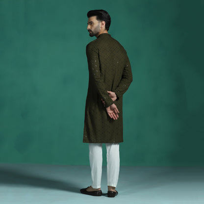 Men Olive Sequins Kurta