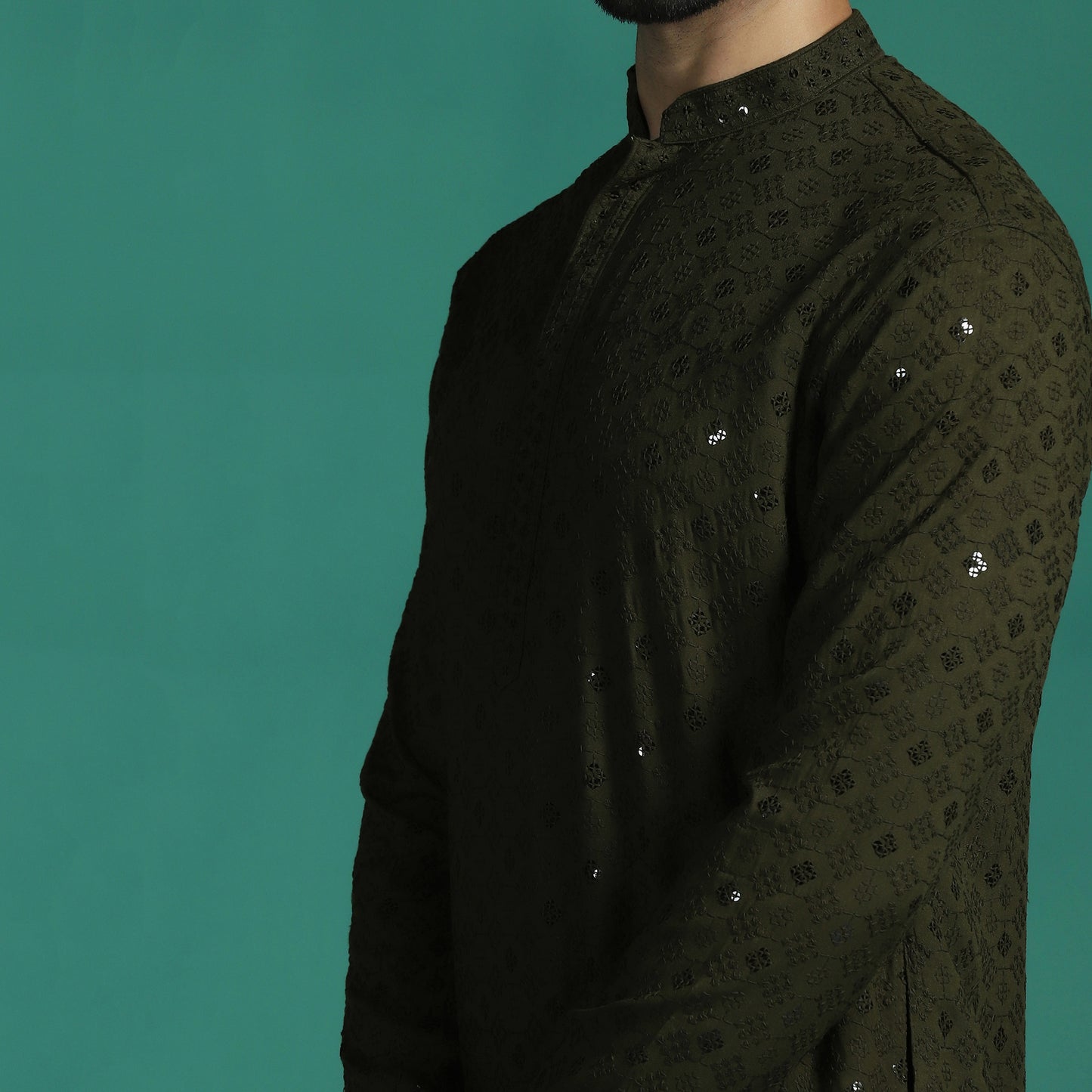 Men Olive Sequins Kurta