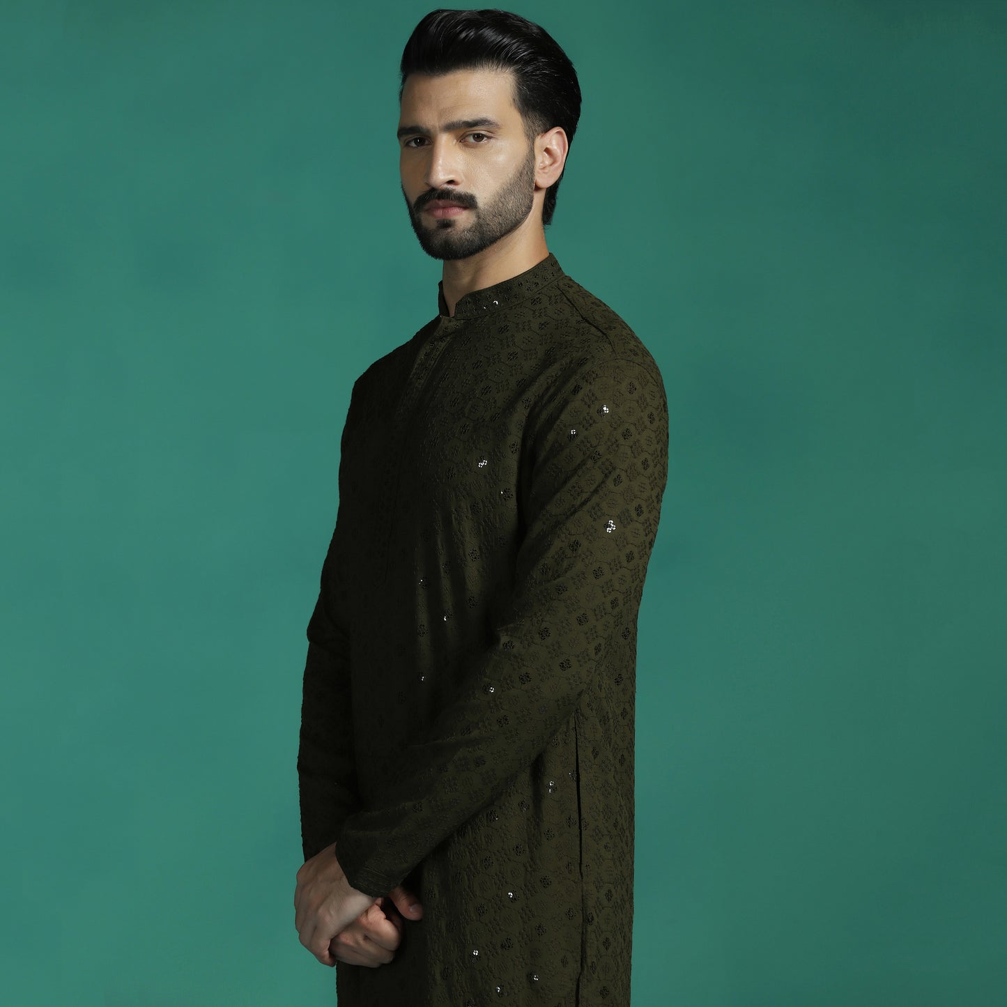 Men Olive Sequins Kurta