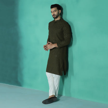 Men Olive Sequins Kurta