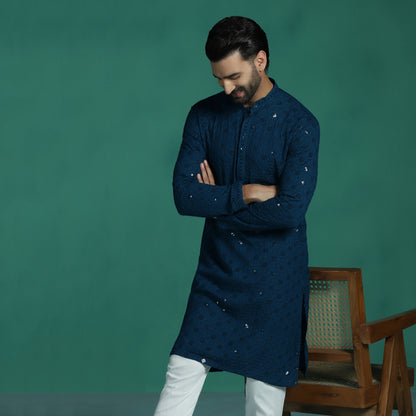 Blue Mirror Work Embroidered Kurta