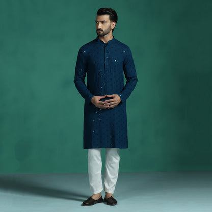 Blue Mirror Work Embroidered Kurta