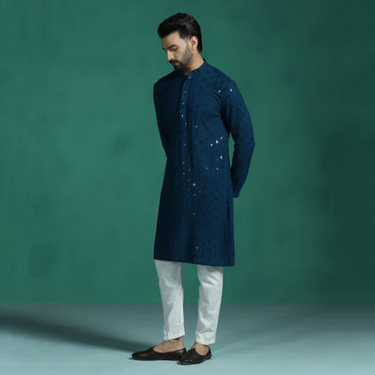 Blue Mirror Work Embroidered Kurta