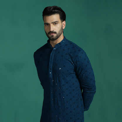 Blue Mirror Work Embroidered Kurta
