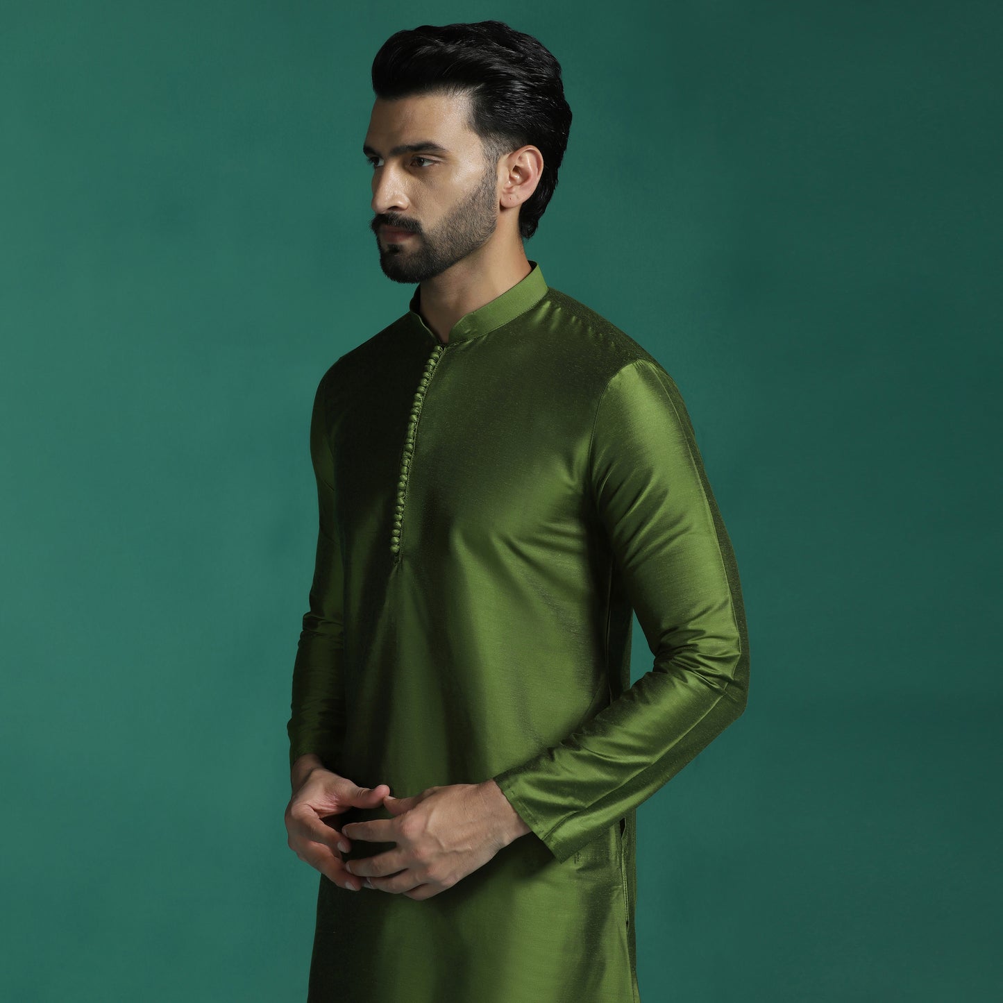 Elegant Olive Green Katan Silk Kurta