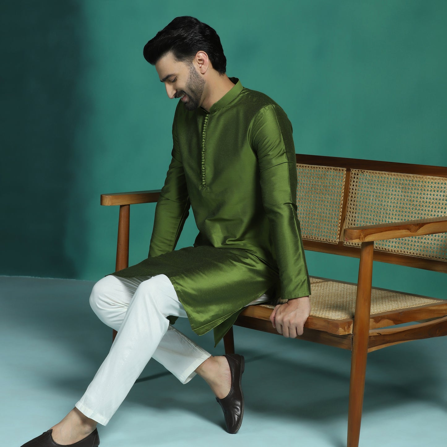 Elegant Olive Green Katan Silk Kurta