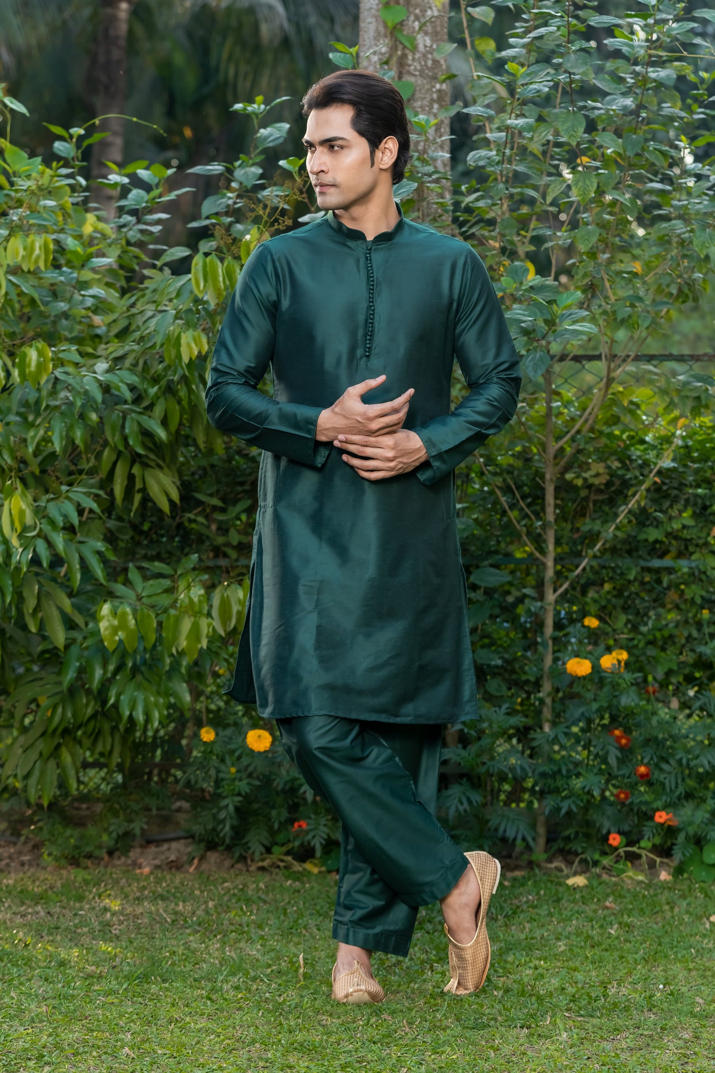 Bottle Green Dupion Silk