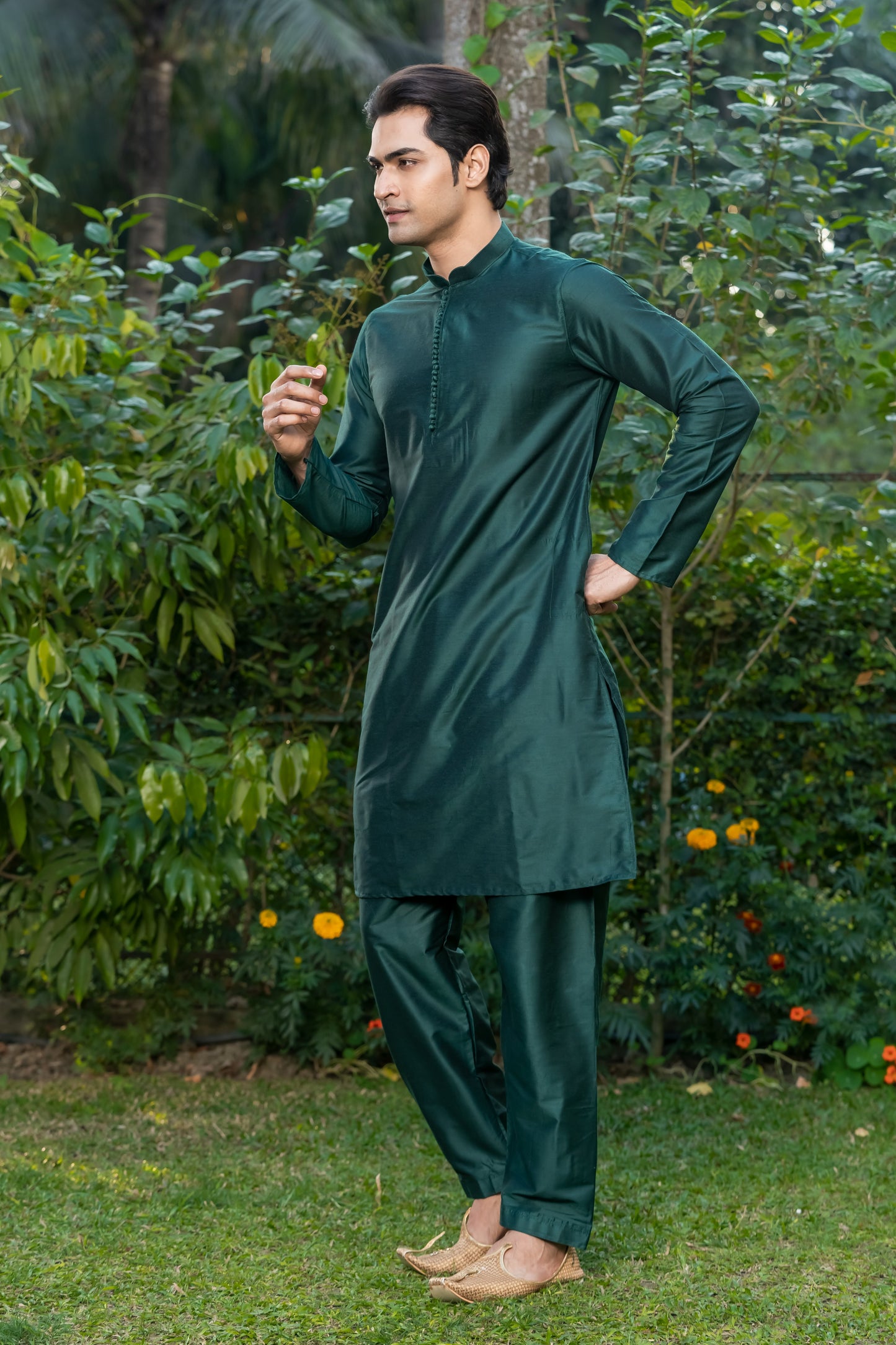 Bottle Green Dupion Silk