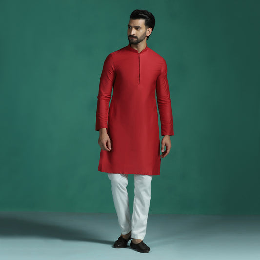 True Red Embroidered Neckline Kurta