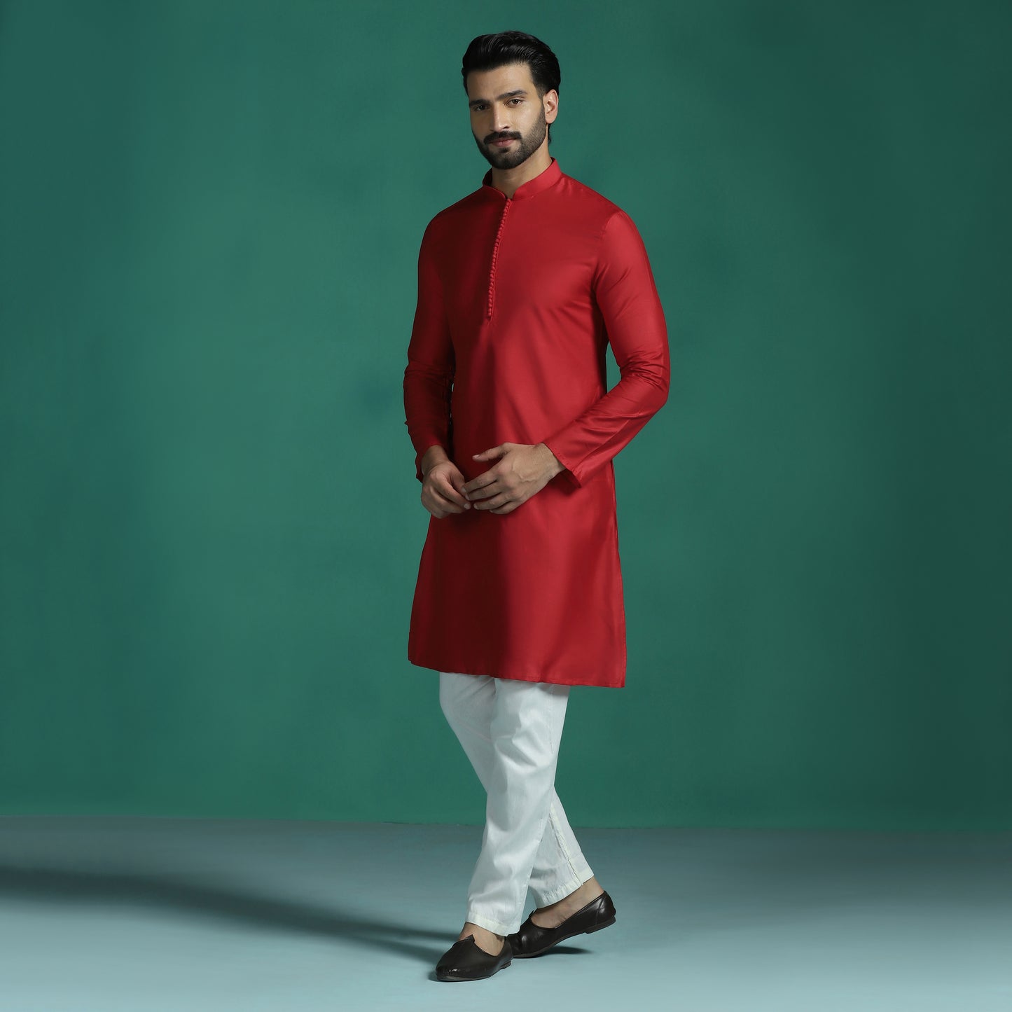 True Red Embroidered Neckline Kurta
