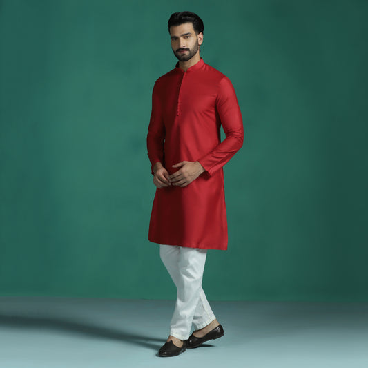 True Red Embroidered Neckline Kurta