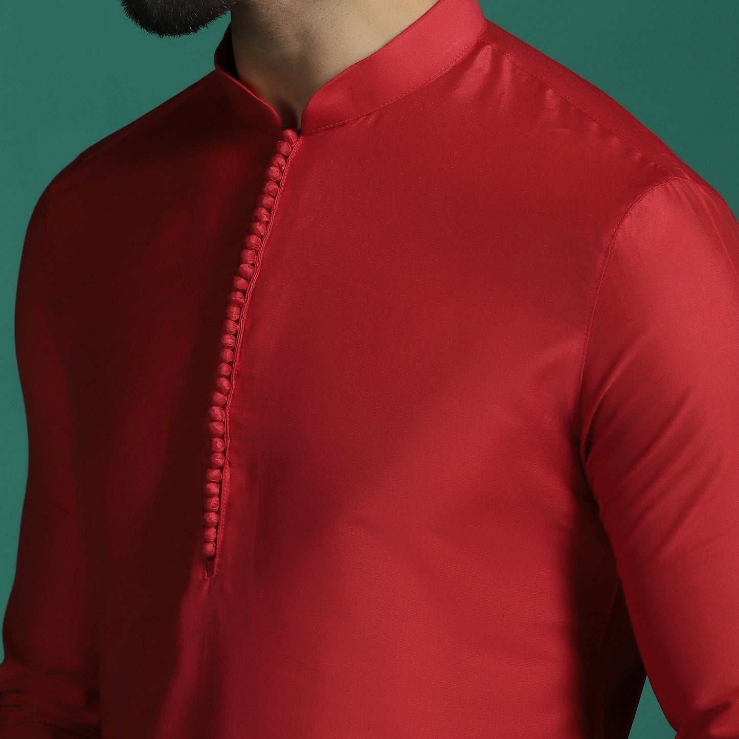 True Red Embroidered Neckline Kurta