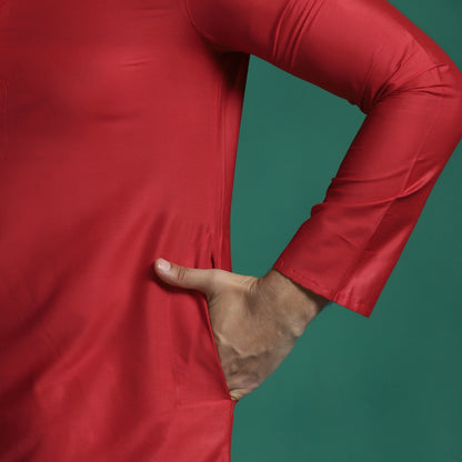 True Red Embroidered Neckline Kurta