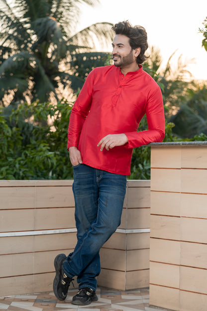 Red Mandarin Collar Short Kurta
