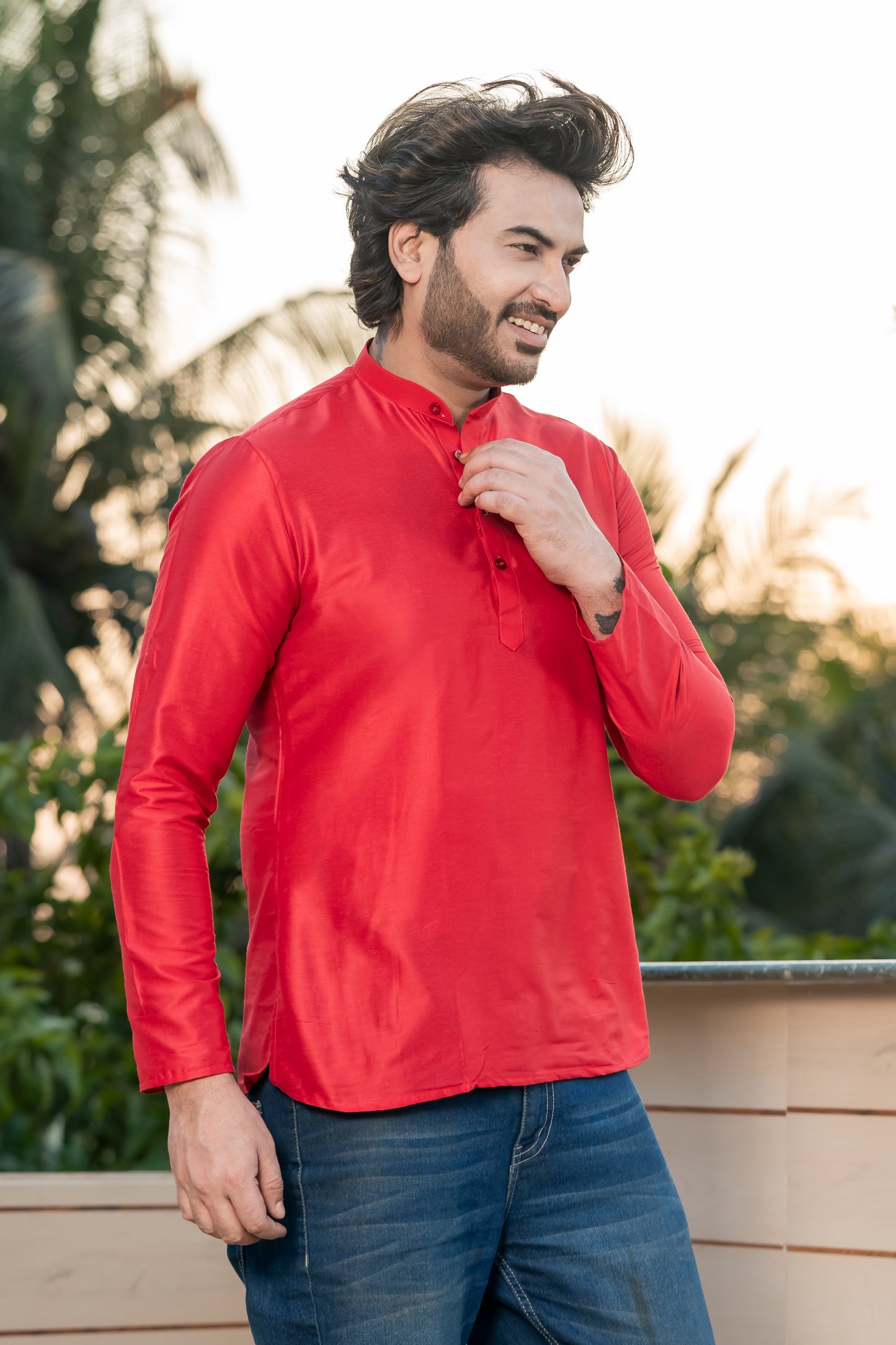 Red Mandarin Collar Short Kurta