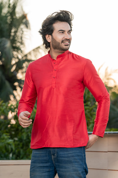 Red Mandarin Collar Short Kurta