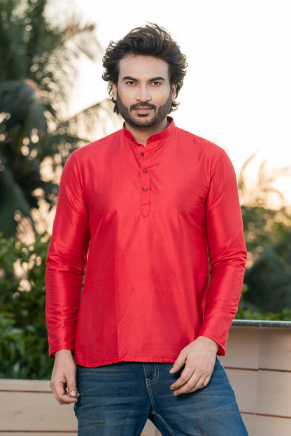 Red Mandarin Collar Short Kurta