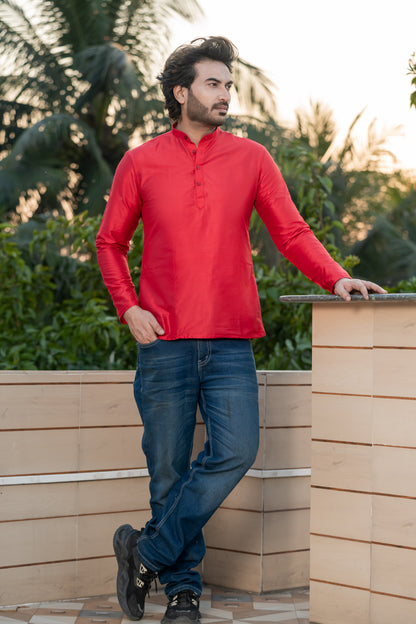 Red Mandarin Collar Short Kurta