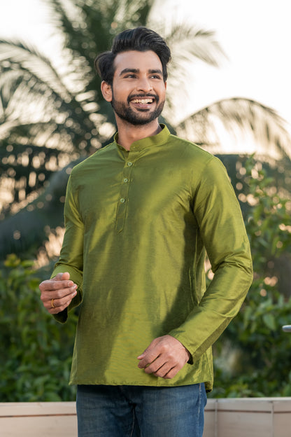 Green Viscose Blend Dobby Short Kurta