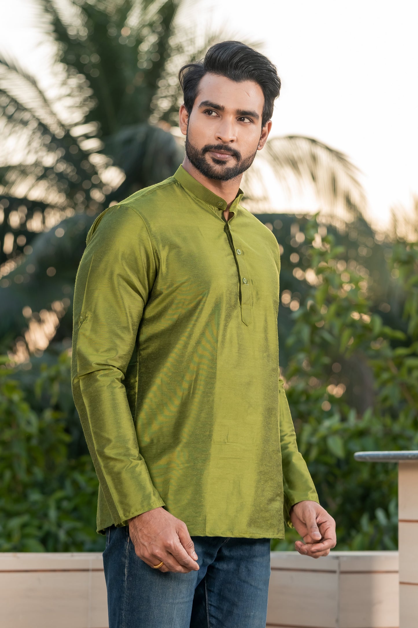 Green Viscose Blend Dobby Short Kurta