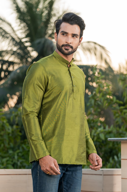 Green Viscose Blend Dobby Short Kurta