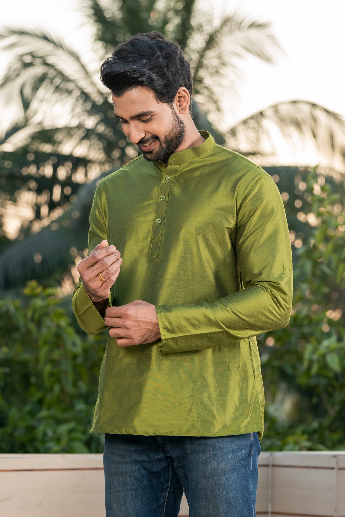 Green Viscose Blend Dobby Short Kurta
