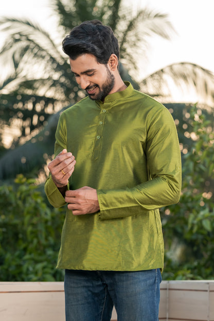 Green Viscose Blend Dobby Short Kurta