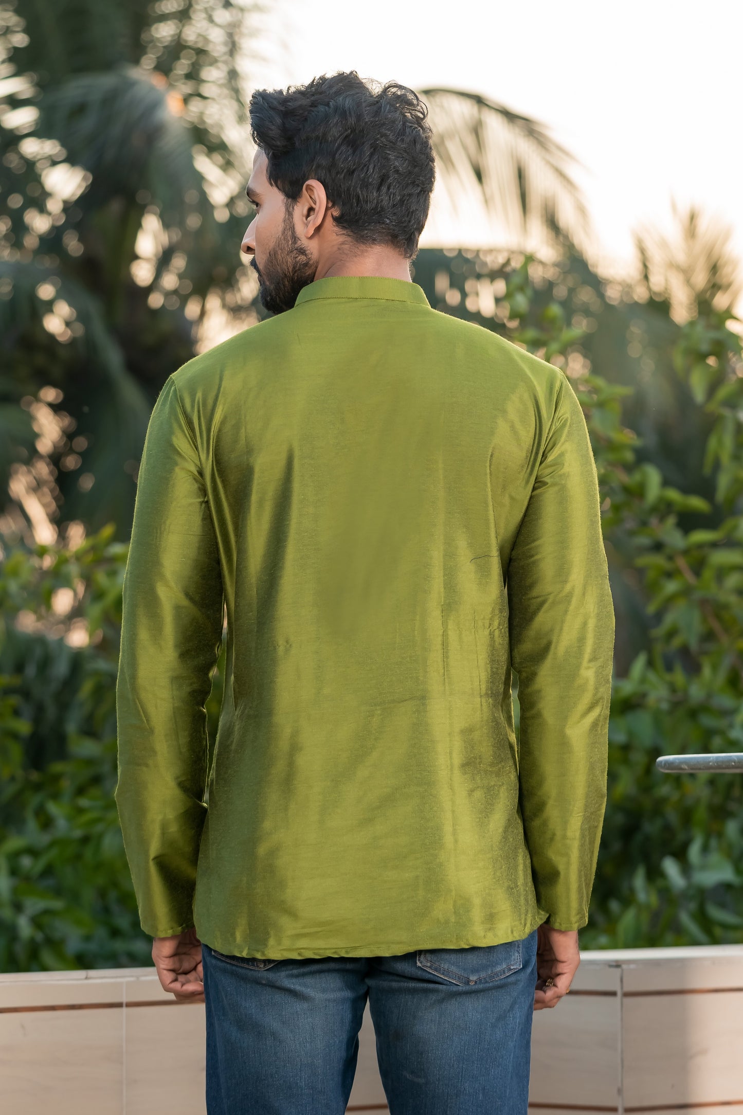 Green Viscose Blend Dobby Short Kurta