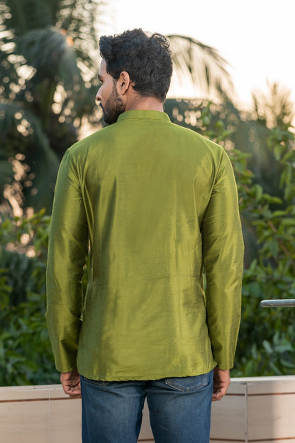 Green Viscose Blend Dobby Short Kurta