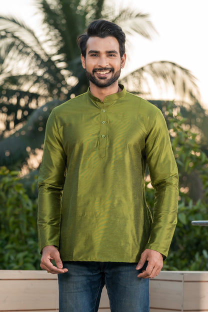 Green Viscose Blend Dobby Short Kurta