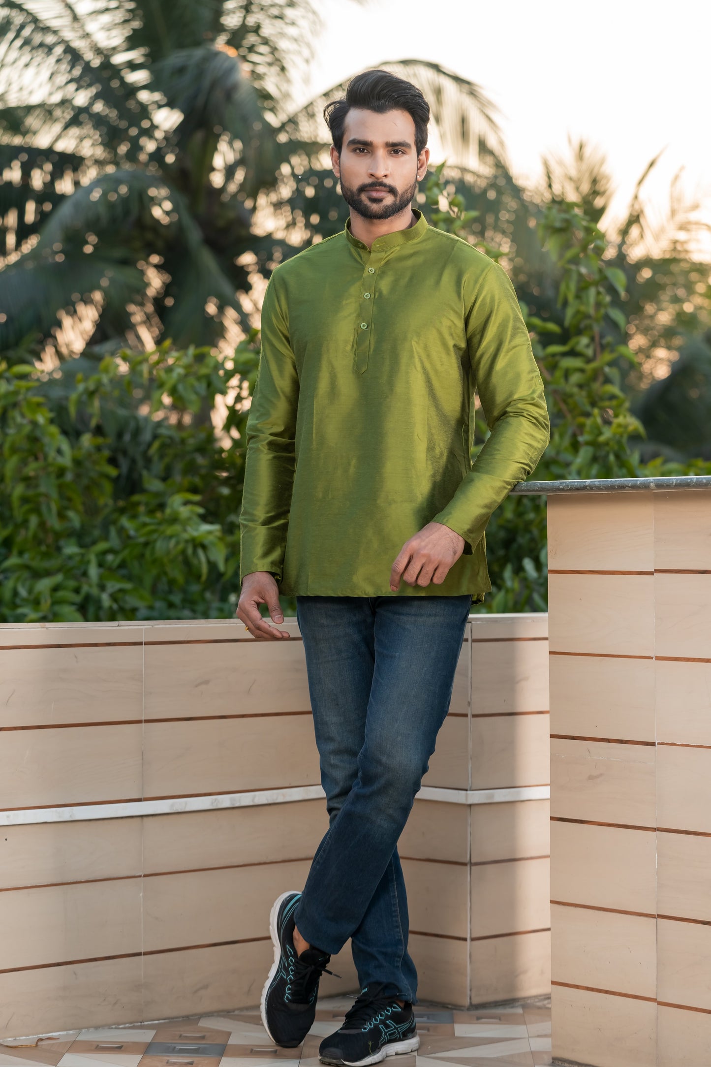 Green Viscose Blend Dobby Short Kurta